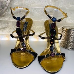 Jewel and mesh T strap sandal